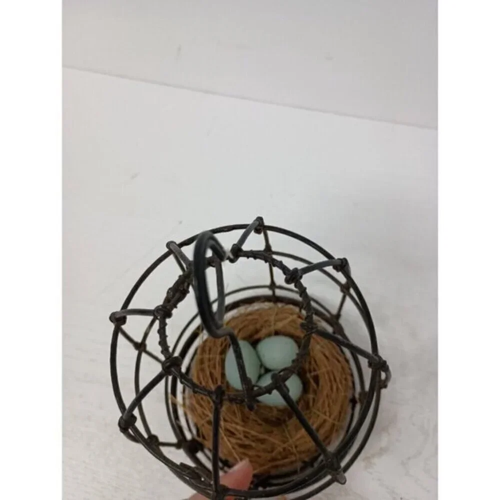 Vintage Metal Wire Cage With Bird Nest & Eggs Farmhouse Rustic Hanging Decor
